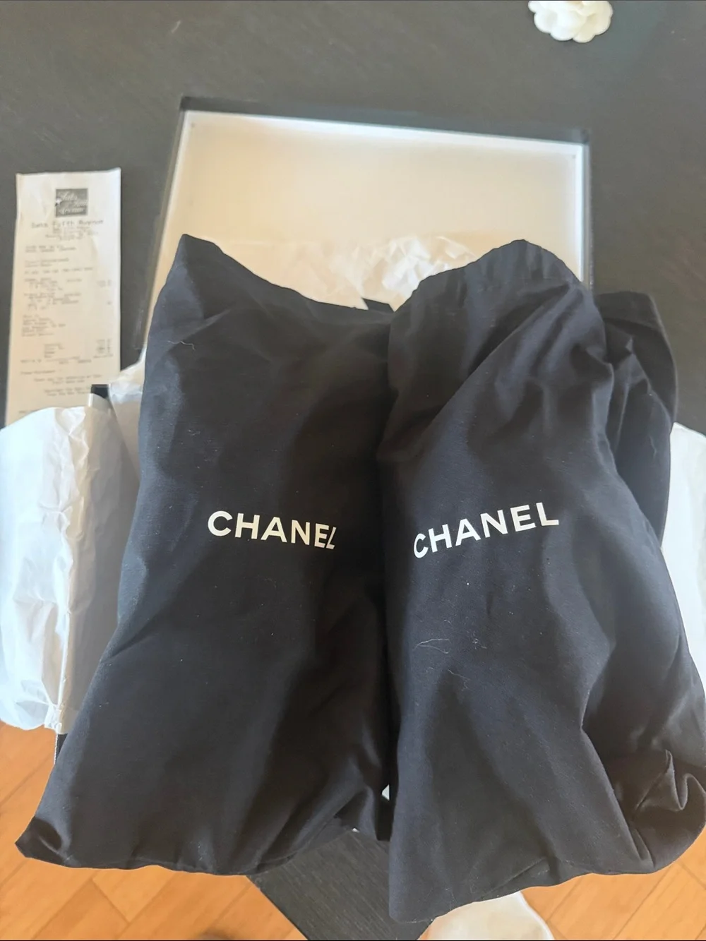 CHANEL Black Patent Camellia Thong Sandals